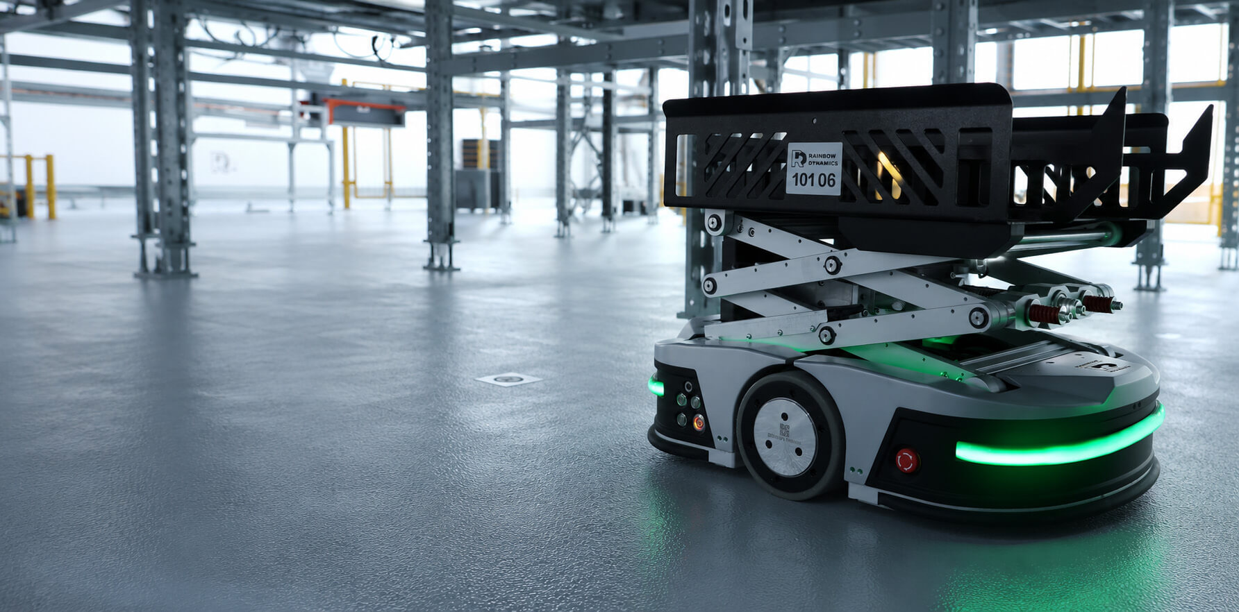 Automated warehouse aisle with robotics and storage systems