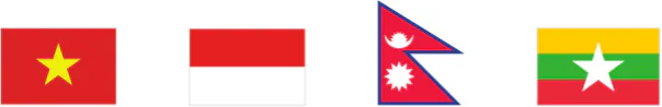 Flags in a row: Vietnam, Indonesia, Nepal, and Myanmar (Burma).