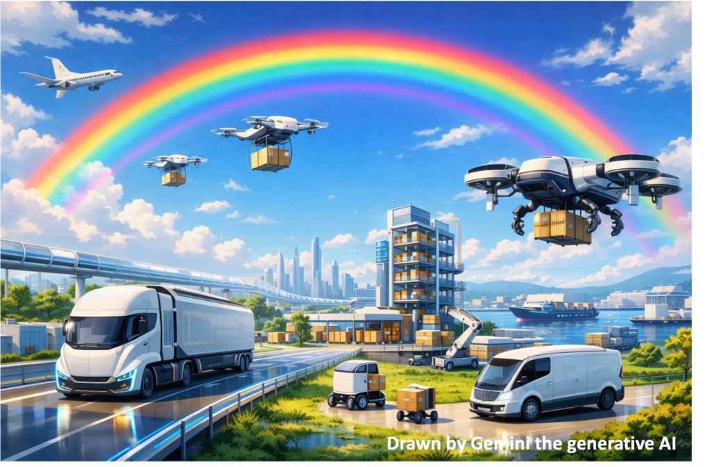 Futuristic logistics scene: autonomous trucks and delivery drones carrying boxes under a rainbow over a city port.