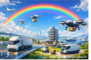 Futuristic logistics scene: autonomous trucks and delivery drones carrying boxes under a rainbow over a city port.