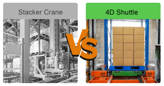 image - Rainbow Dynamics Left: grayscale stacker crane in a warehouse; right: pallet shuttle with stacked boxes, with a VS overlay for comparison.