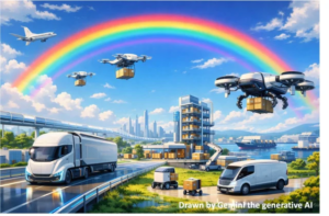 Futuristic cityscape with delivery drones carrying boxes and white delivery vans under a bright rainbow in a blue sky.