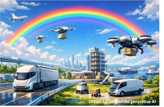 Futuristic cityscape with delivery drones carrying boxes and white delivery vans under a bright rainbow in a blue sky.