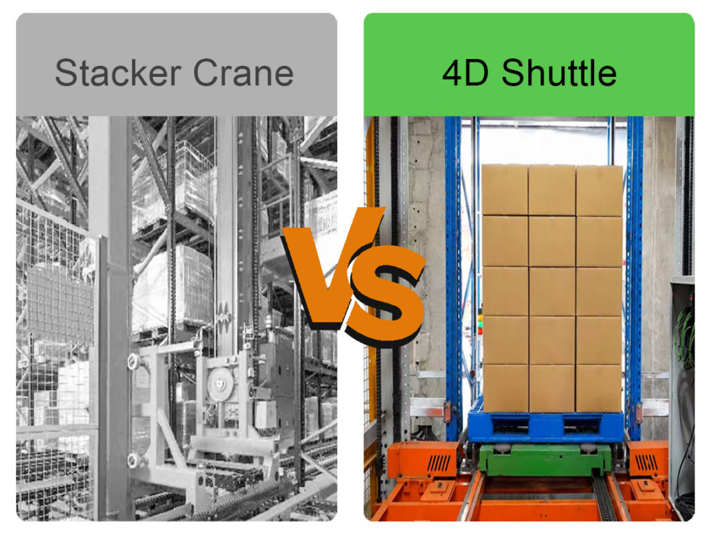 Warehouse automation comparison: left shows a stacker crane, right shows a 4D Shuttle pallet system with a VS marker in between